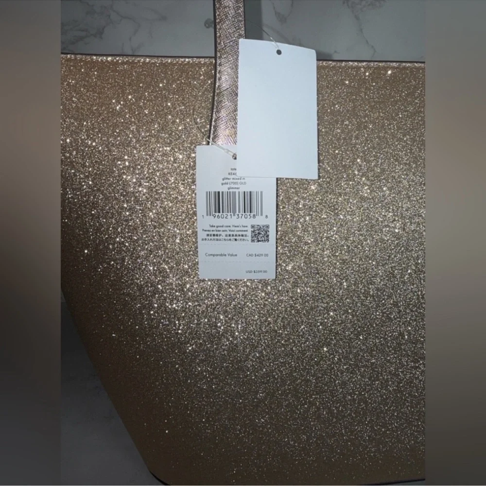 NWT Kate Spade Glimmer Large Top Zip Tote Shoulder Bag Gold Glitter NEW W/ Tags - Picture 8 of 9